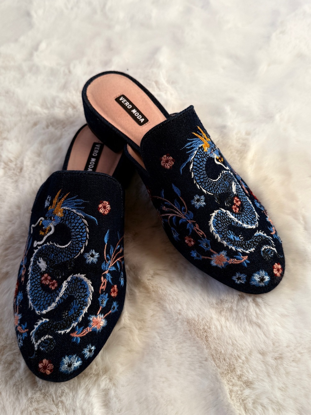 Vero Moda Navy Dragon Embroidered Backless Mules